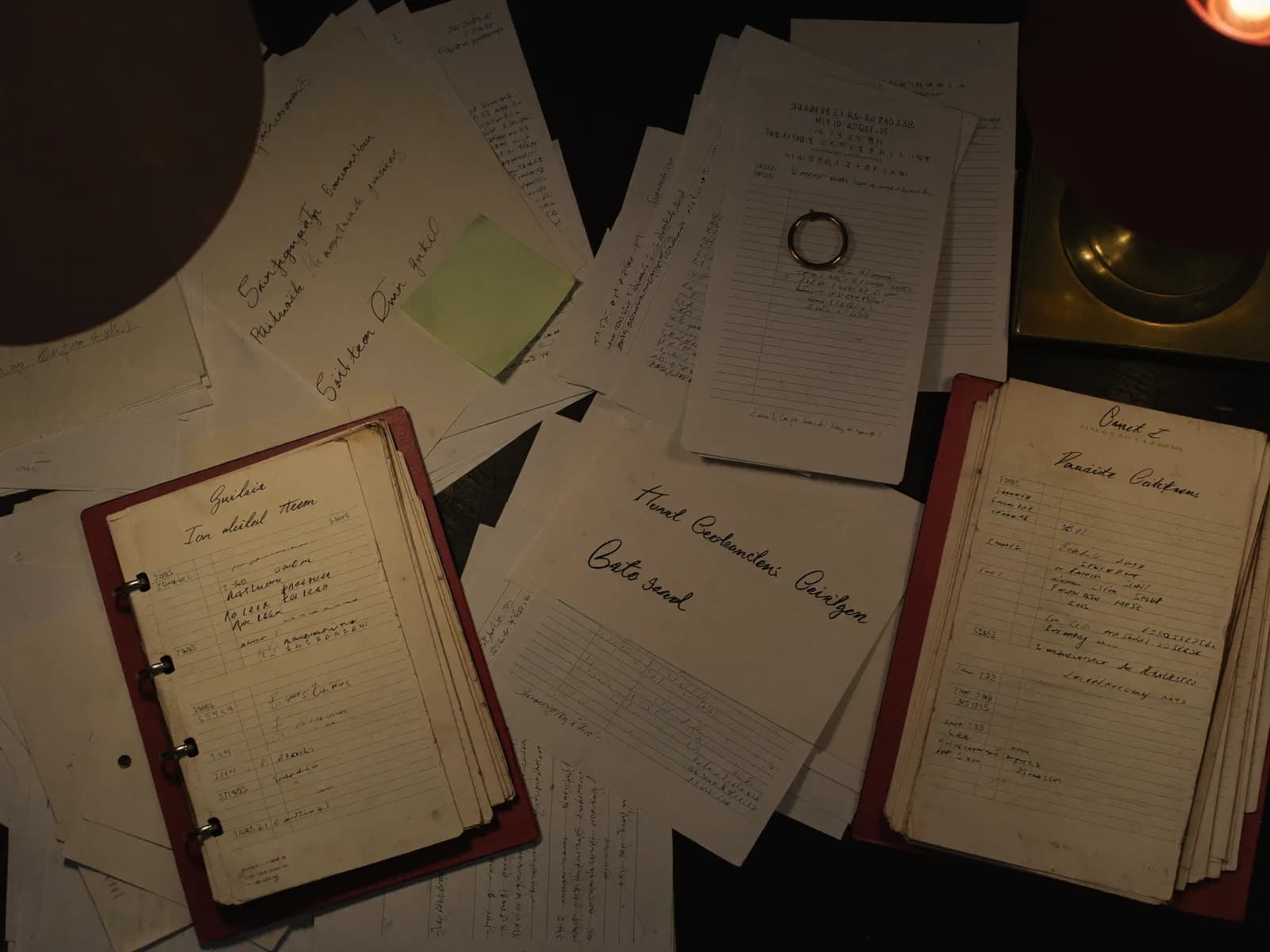 Cluttered desk of paper invoices and sticky notes under warm lamp light
