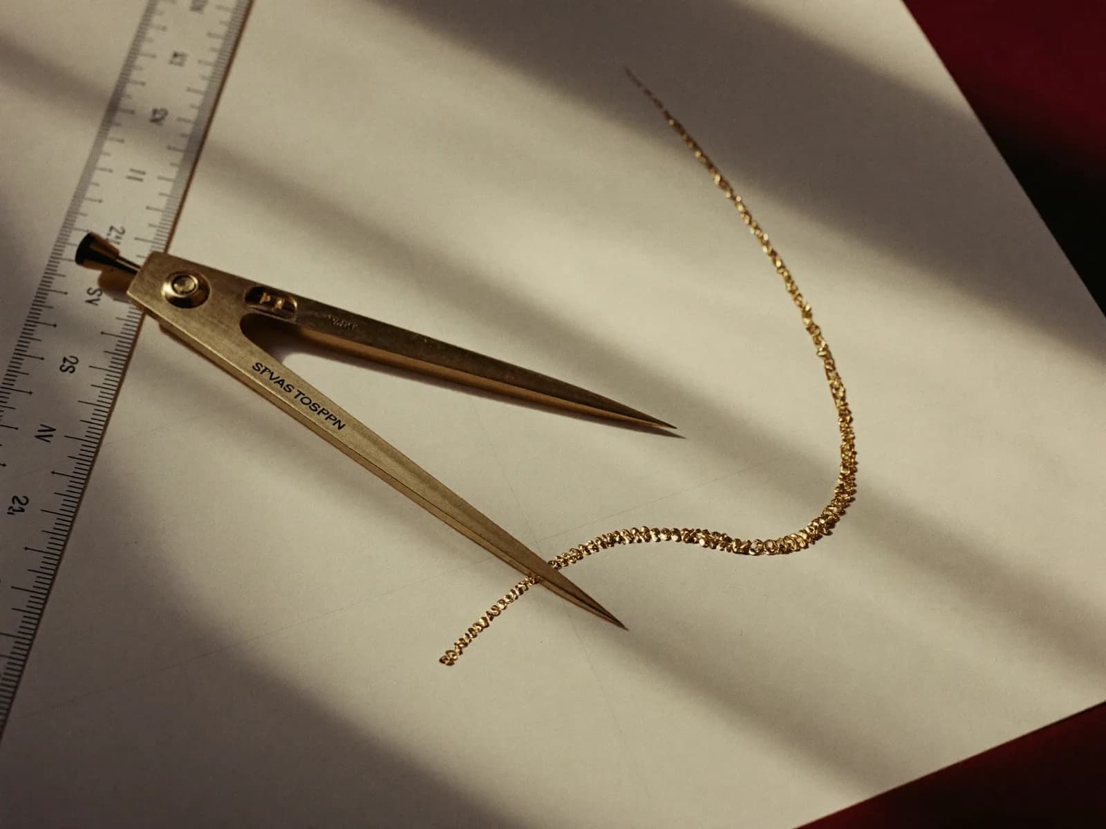 Brass drafting instruments over a plotted gold curve on cream vellum