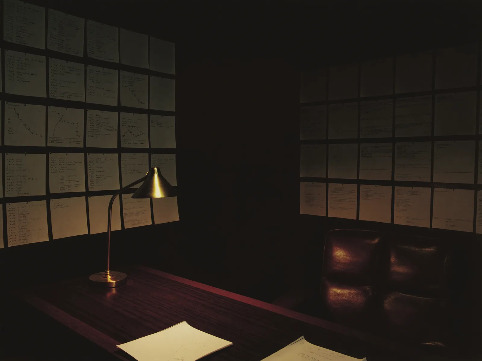 Dark study wall of pinned schedules and plotted curves under lamp light